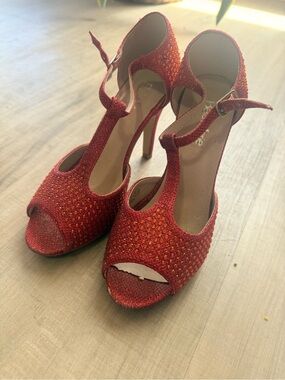 Bella Marie Red Crystal T-Strap Platform Heels